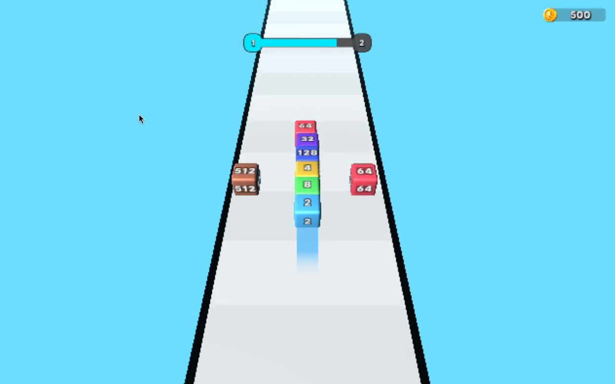 2048 Cube Run: a small numbered cube runs down a white three-lane track toward a central stack of numbered cubes, with large cubes (such as 512 and 64) in the side lanes; coin counter reads 500.