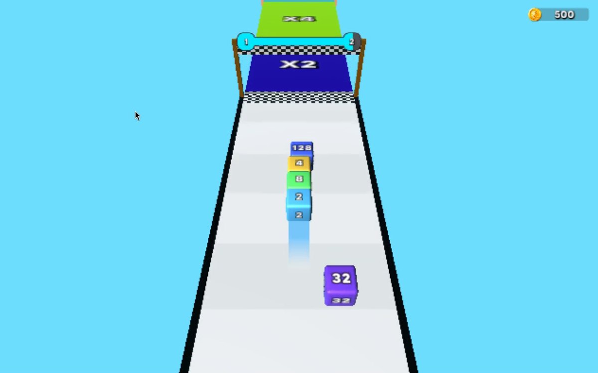 2048 Cube Run: the player's cube stack nears a checkered finish gate, with coloured, labelled multiplier zones beyond it.