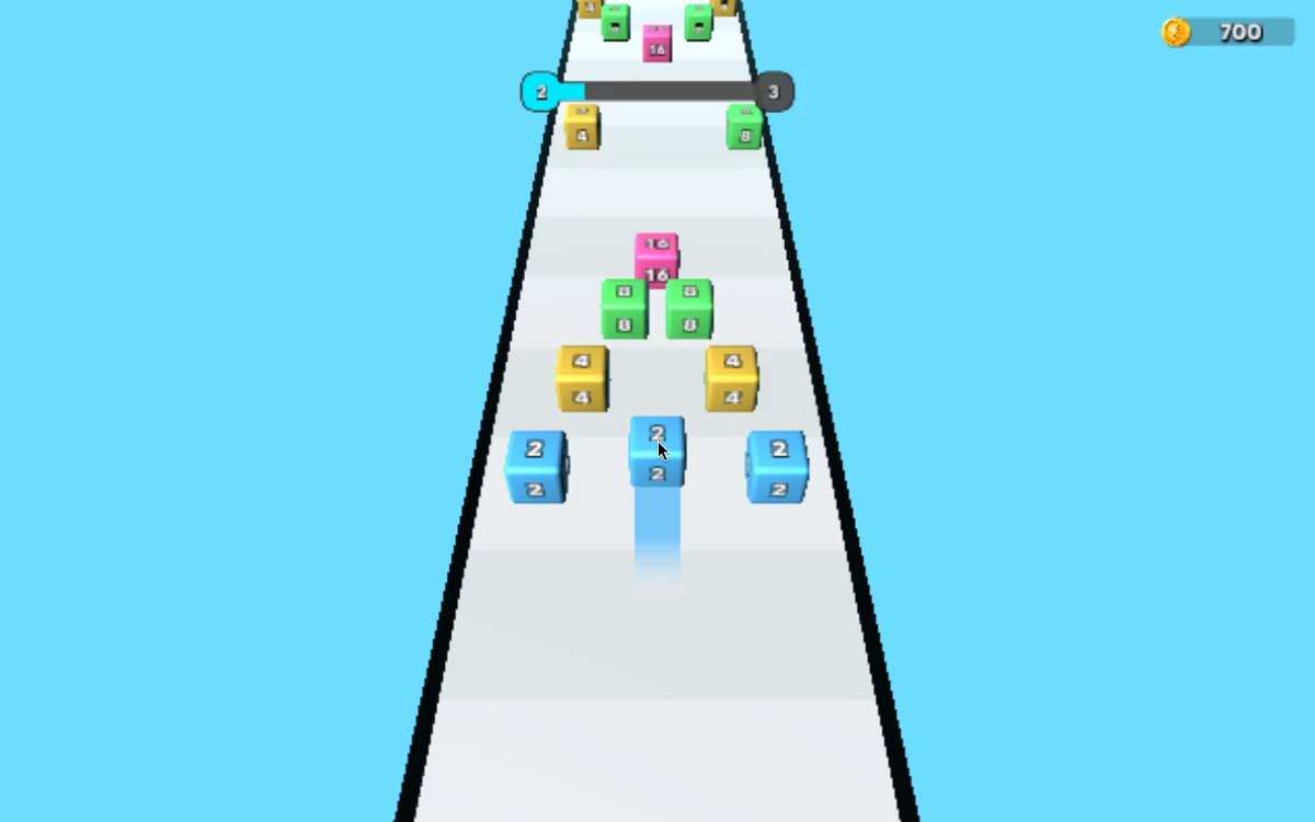 2048 Cube Run: the track ahead holds a triangle of numbered cubes (2, 4, 8, 16); progress bar just starting, between level markers 2 and 3, coin counter reads 700.