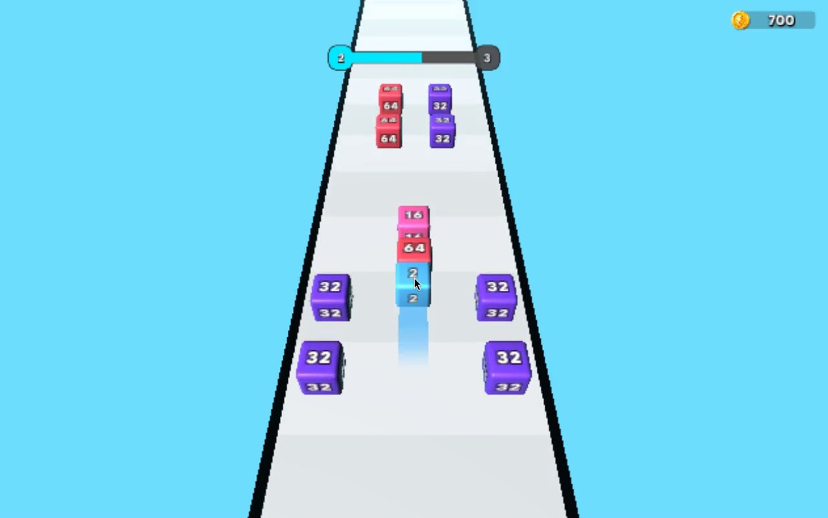 2048 Cube Run: the player's cube stack passes between stacks of purple "32" cubes at either side of the track, with a central stack ahead.