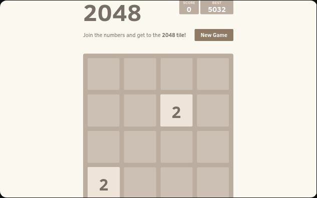 2048: a 4x4 board at the start of a run with two tiles marked 2; Score reads 0 and Best reads 5032, with a New Game button beside the line "Join the numbers and get to the 2048 tile!".