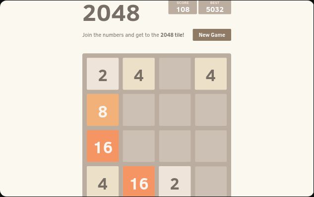 2048: a mid-run board holding tiles 2, 4, 4, 8, 16, 4, 16 and 2, with Score at 108 and Best at 5032.