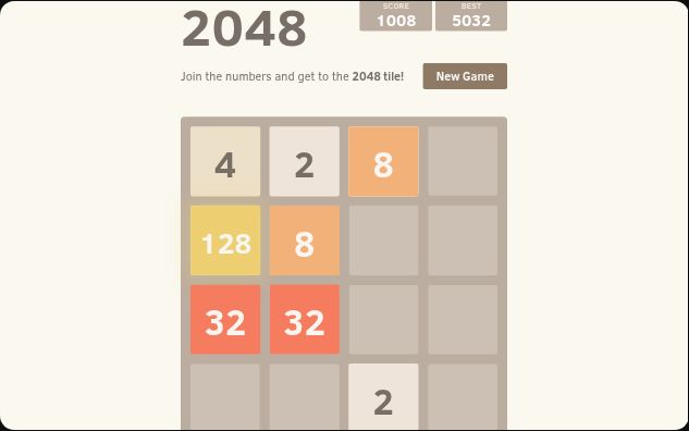 2048: a later board with a yellow 128 tile, two orange-red 32 tiles side by side, two 8 tiles, a 4 and two 2 tiles; Score reads 1008 and Best reads 5032.