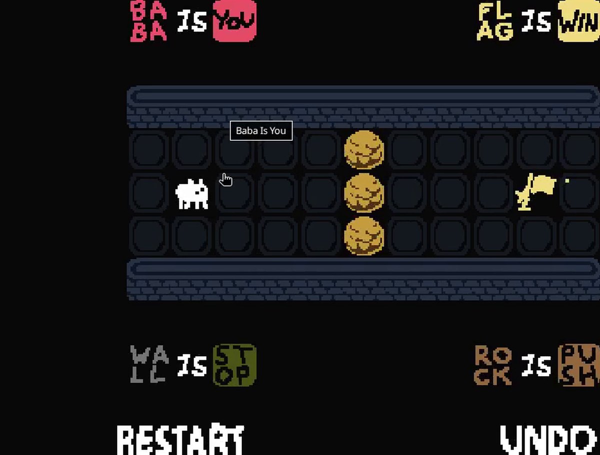 Fan-made Scratch remake of Baba Is You: a small white character stands at the left of a walled corridor, three brown rocks in a vertical line in the middle and a yellow flag at the right; rule words such as "BABA IS YOU" and "FLAG IS WIN" sit around the level.