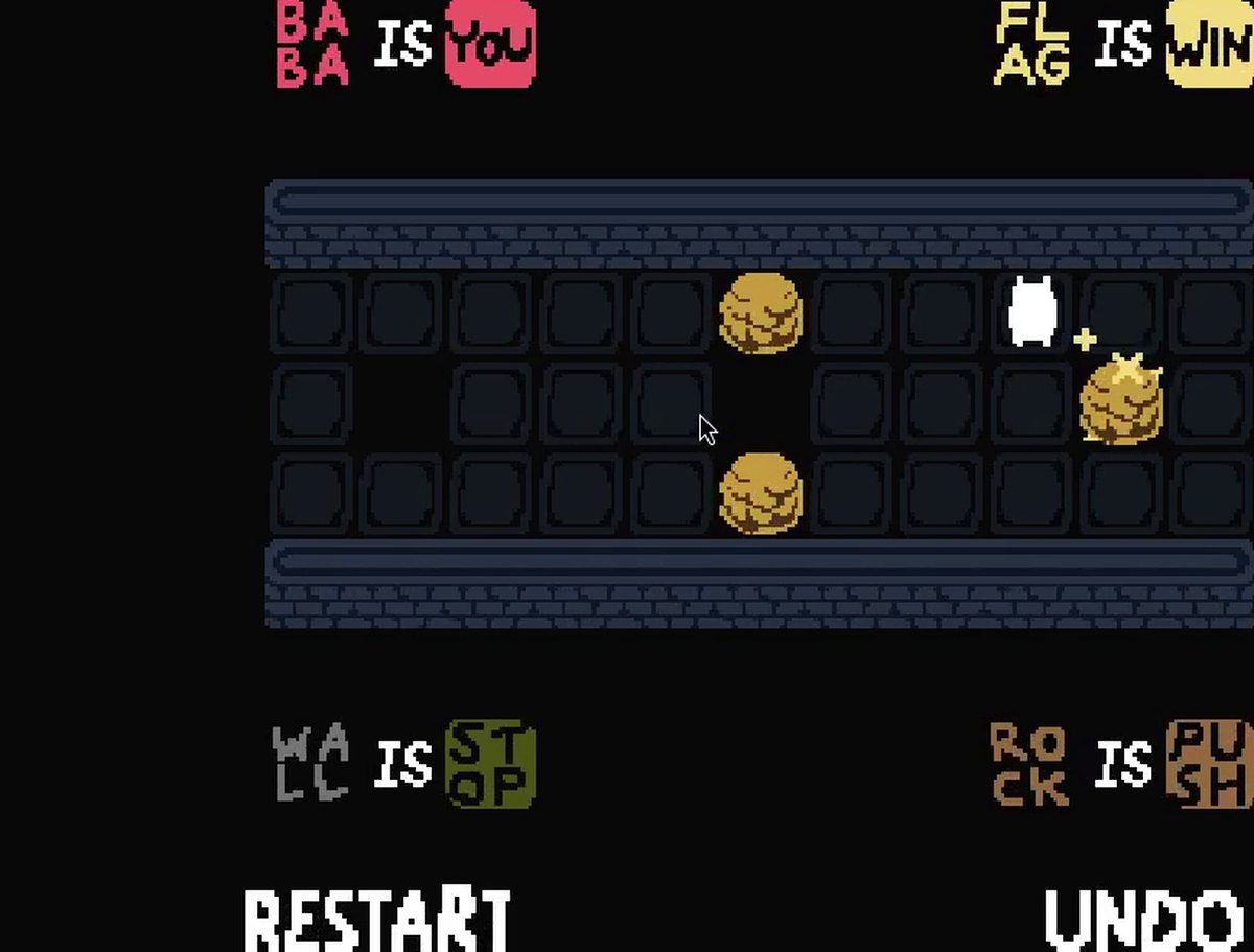 Fan-made Scratch remake of Baba Is You: the rocks have been rearranged and the white character is now on the right side of them, next to a rock and a small yellow sparkle.