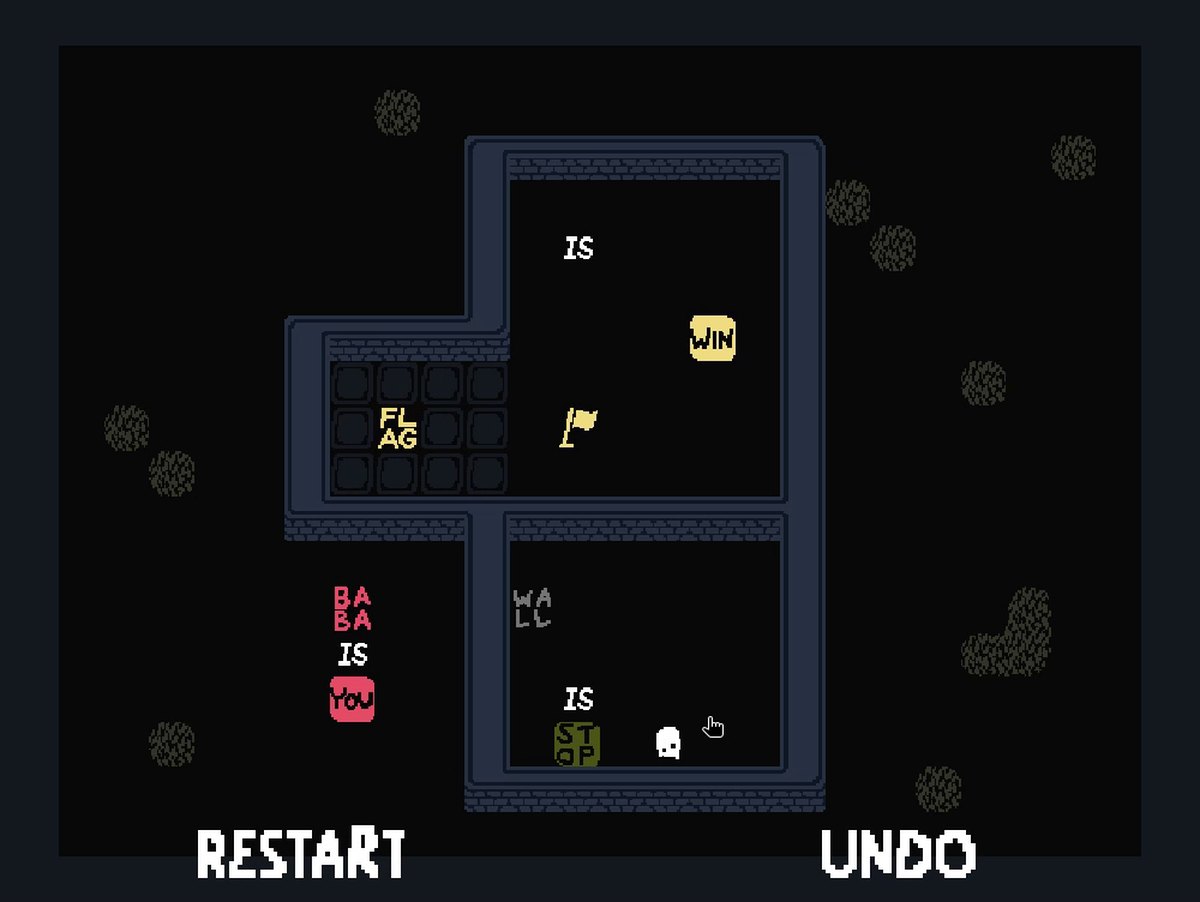 Fan-made Scratch remake of Baba Is You: a different level with two rooms behind blue brick walls; the white character is in the lower room, a yellow flag is in the upper room, and word blocks including "WALL IS STOP" are inside the rooms.