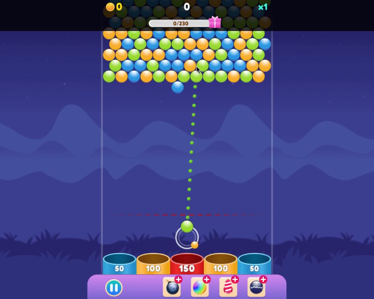 Bubble Up Endless: a bubble shooter on a dark blue night-sky background, with a green dotted aiming line running from the launcher up toward a cluster of coloured bubbles; score 0 and five point buckets (50, 100, 150, 100, 50) along the bottom.