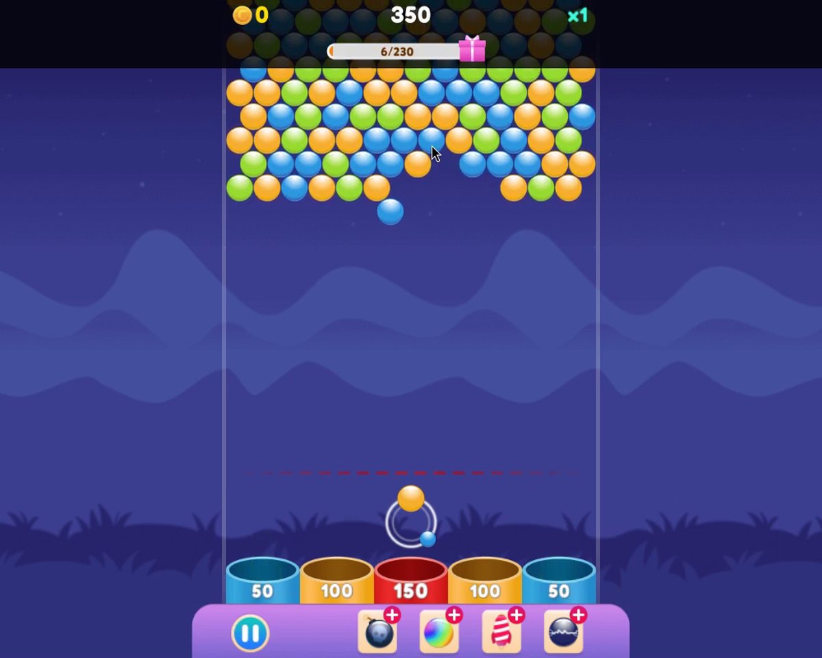 Bubble Up Endless: a small gap has opened in the cluster of coloured bubbles at the top and a bubble is on its way up from the launcher; score reads 350.
