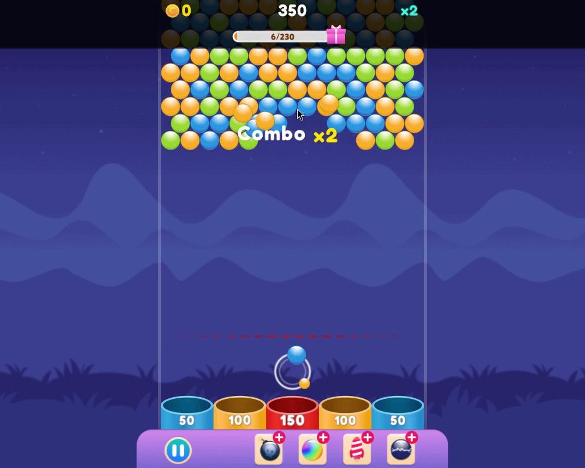 Bubble Up Endless: blue bubbles flash white as they pop, with a yellow "Combo x2" message in the middle of the play area.