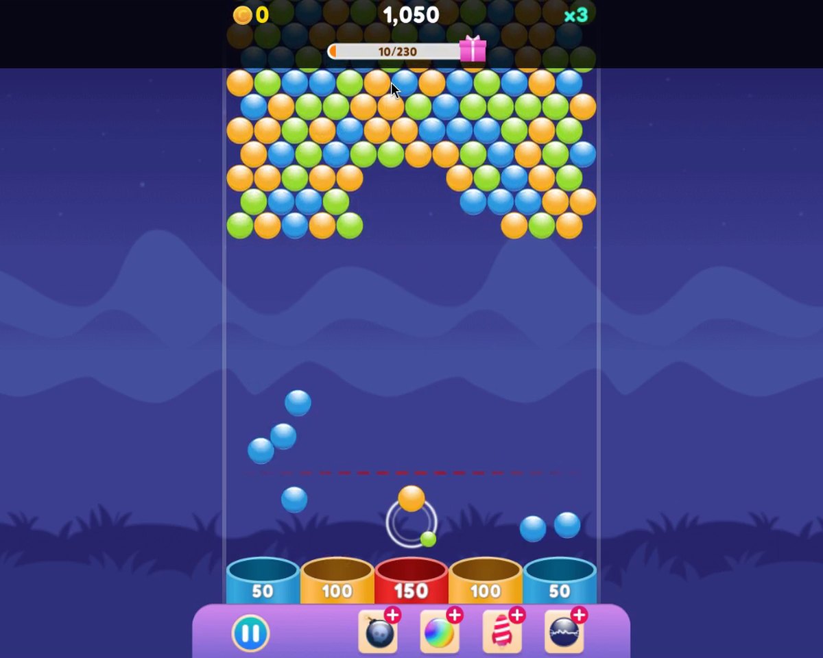 Bubble Up Endless: a large opening in the bubble cluster, with loose blue bubbles falling toward the point buckets; score 1,050 and a x3 multiplier.