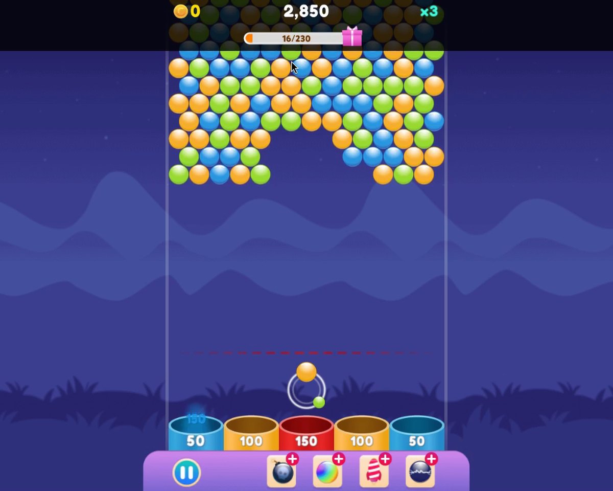 Bubble Up Endless: a wide arch-shaped gap in the bubble cluster, a blue bubble dropping into the 50-point bucket, score 2,850 and a x3 multiplier.