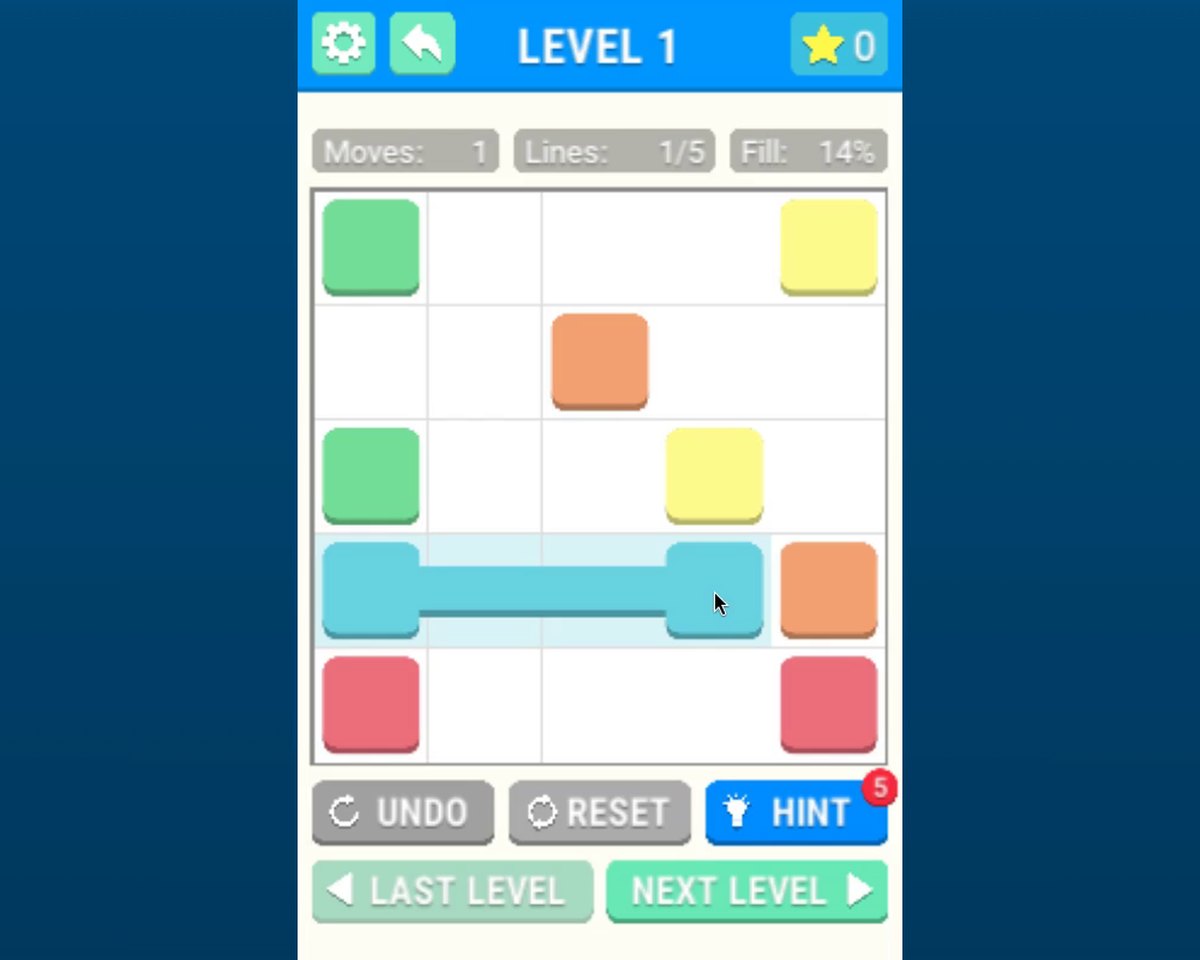 Dot Link Puzzle, Level 1: a 5x5 white grid of coloured dots with one light-blue path drawn across a row; the status bar reads Moves 1, Lines 1/5, Fill 14%.