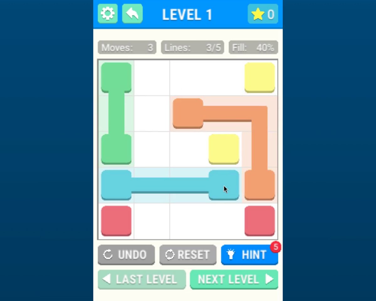 Dot Link Puzzle, Level 1: green, light-blue and orange paths now join three pairs of dots on the 5x5 grid; yellow and red pairs are still unlinked; Moves 3, Lines 3/5, Fill 40%.