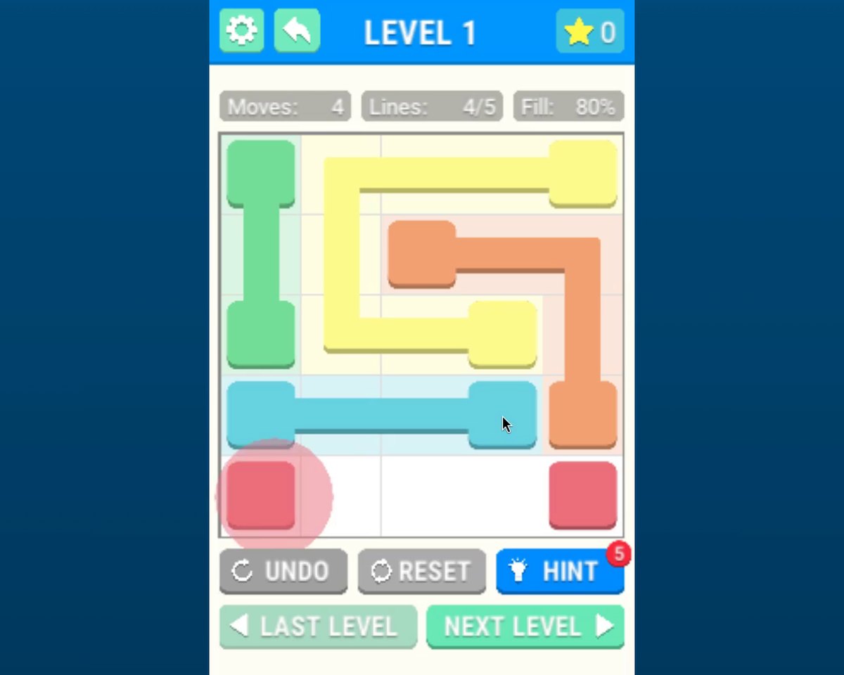 Dot Link Puzzle, Level 1: four coloured paths wind around the 5x5 grid and a translucent red circle marks the red dot being touched to draw the last link; Moves 4, Lines 4/5, Fill 80%.