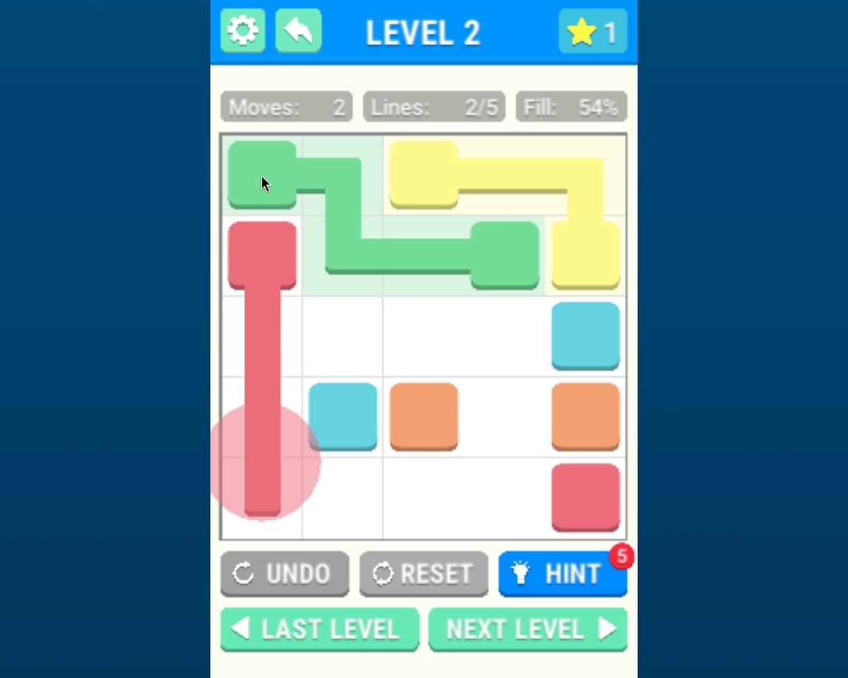 Dot Link Puzzle, Level 2: a new arrangement of dots, with green and yellow pairs linked and a red path being dragged down the left side; Moves 2, Lines 2/5, Fill 54%.