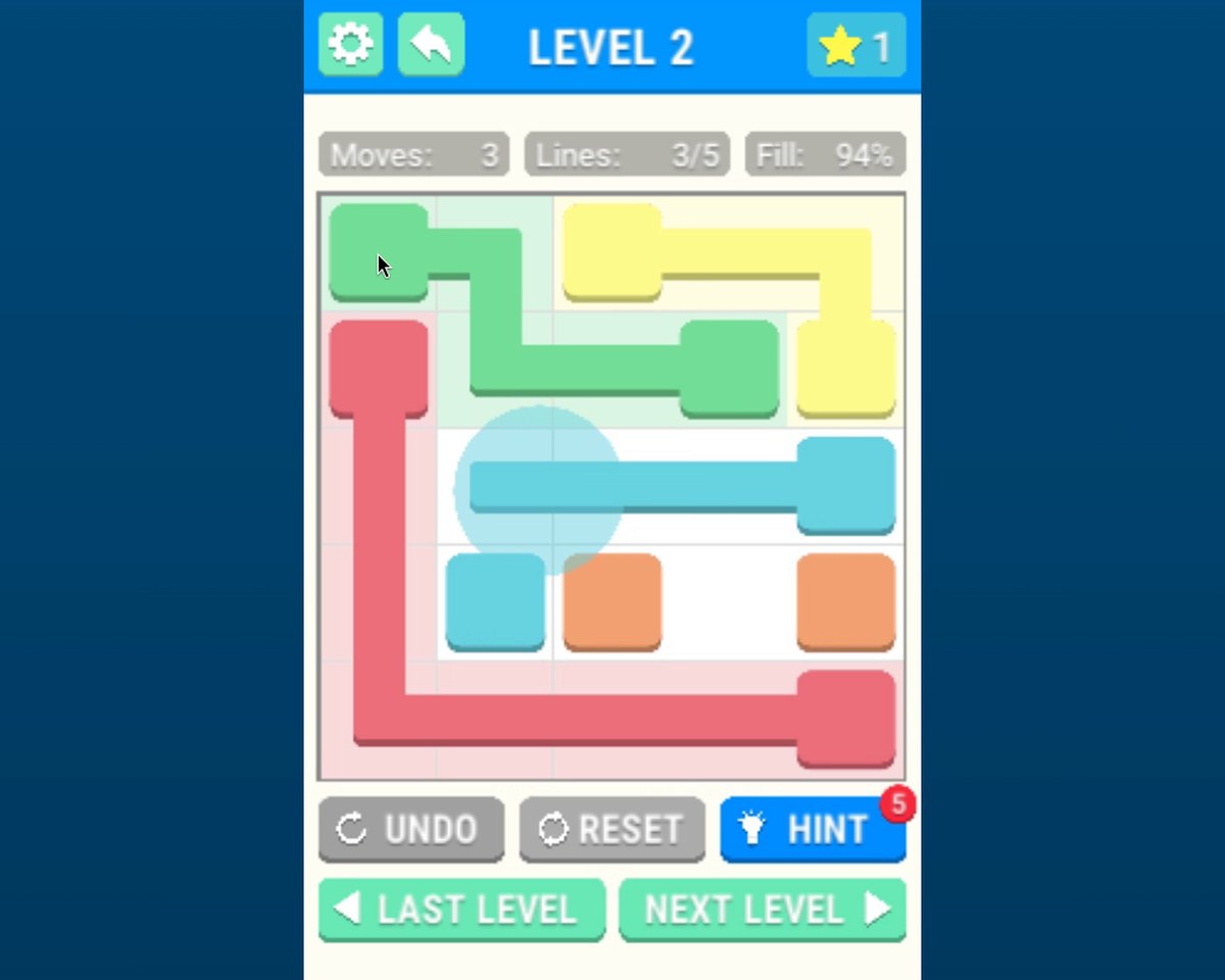 Dot Link Puzzle, Level 2: green, yellow and red paths are complete and a light-blue path is being dragged, shown by a translucent blue circle; Moves 3, Lines 3/5, Fill 94%.
