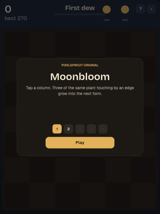 Moonbloom: the First dew start screen with score 0 and best 270; a card explains that you tap a column to drop a seed and that three matching plants touching by an edge grow into the next form, above a gold Play button.