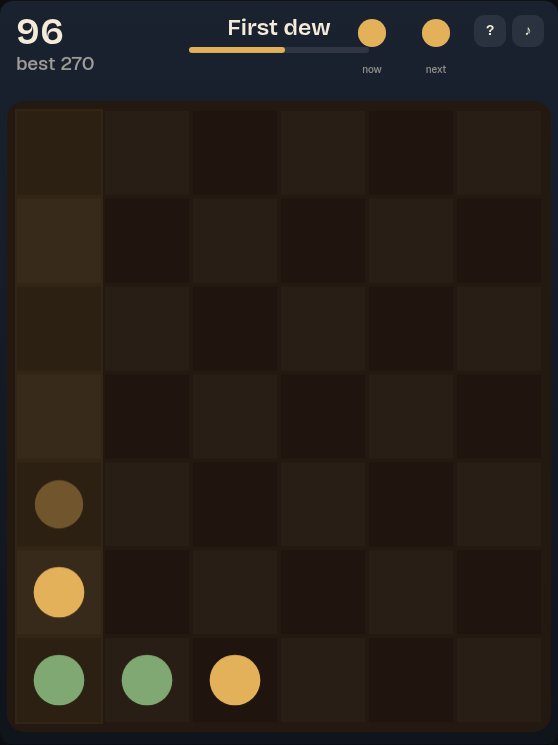 Moonbloom: mid-play on First dew with score 96 and the progress bar about half full; gold and green seeds sit on a dark brown board.
