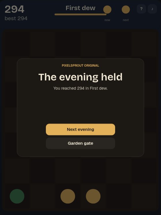 Moonbloom: the results card titled "The evening held", showing 294 reached in First dew, with Next evening and Garden gate buttons.