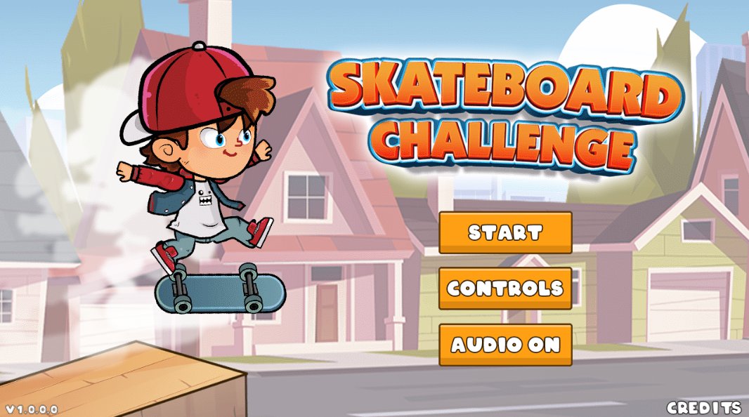 Skateboard Challenge: the title screen with START, CONTROLS and AUDIO ON buttons, and the skater in a red cap and denim jacket on a pastel street.