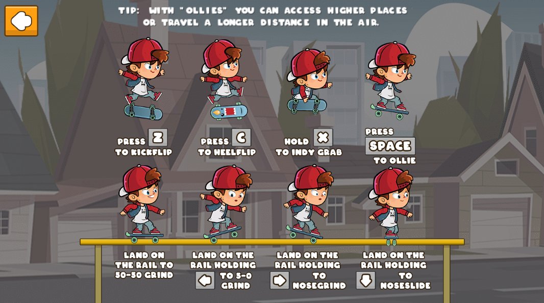 Skateboard Challenge: the in-game controls screen listing Z for kickflip, C for heelflip, X for indy grab, Space for ollie, and the arrow keys for rail grinds.