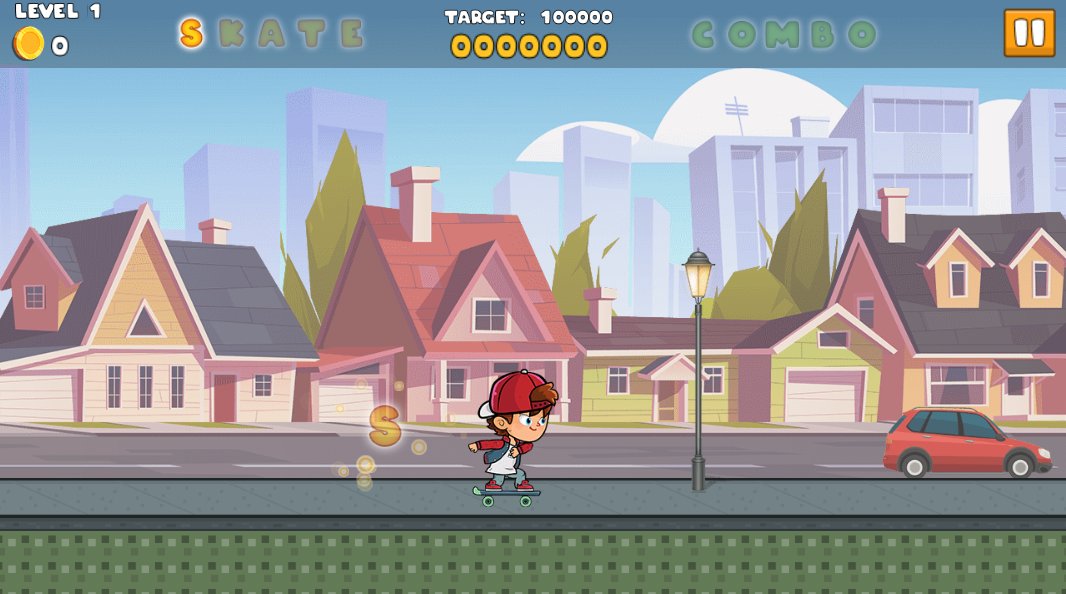 Skateboard Challenge: Level 1 on the street, with the HUD showing a target of 100000 and a score of 0, and a gold S letter pickup next to the skater.