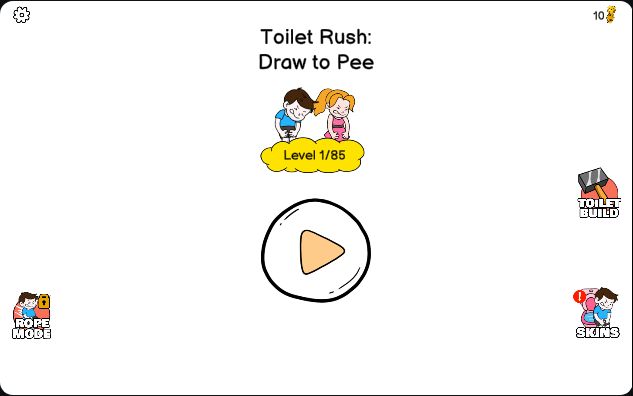 Toilet Rush: Draw to Pee start screen: a boy in a blue shirt and a girl in a pink dress hold their stomachs above a yellow banner reading Level 1/85, with a large play button below, a trophy count of 10 at top right and Rope Mode, Skins and Toilet Build icons at the sides.