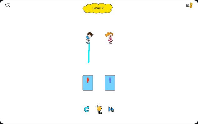 Toilet Rush: Draw to Pee, Level 2: a boy and a girl stand above two light-blue toilet blocks marked with a red and a blue symbol, and a cyan line runs down from the boy, stopping part of the way to the toilets.