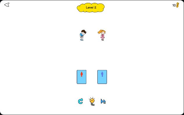 Toilet Rush: Draw to Pee, Level 2: a boy and a girl stand above two light-blue toilet blocks marked with a red and a blue symbol, with no line drawn yet and a trophy count of 10 at top right.